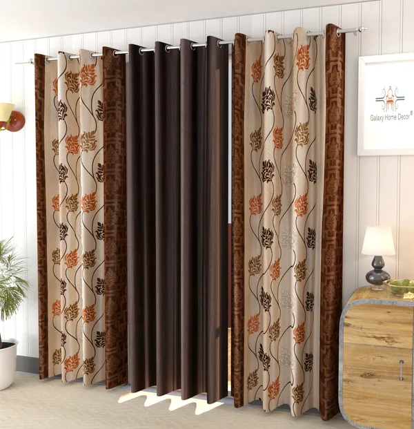 Galaxy_Home_Decor_Floral_Printed_Curtains,Pack_of_3,Brown