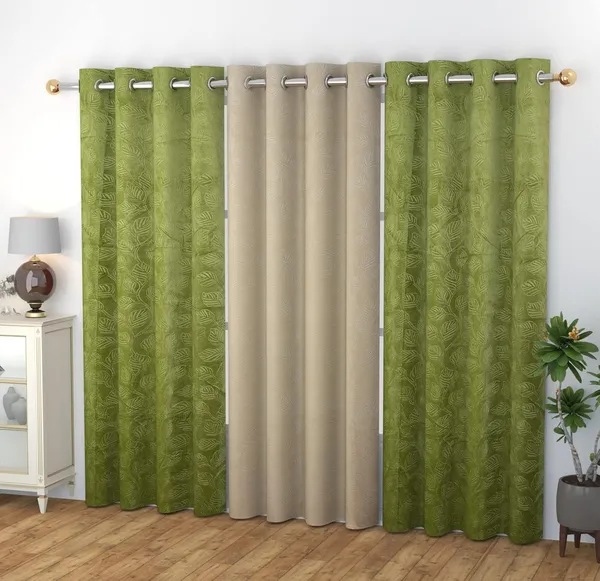 Galaxy_Home_Decor_Velvet_Curtains,_Pack_of_3,Green&Cream