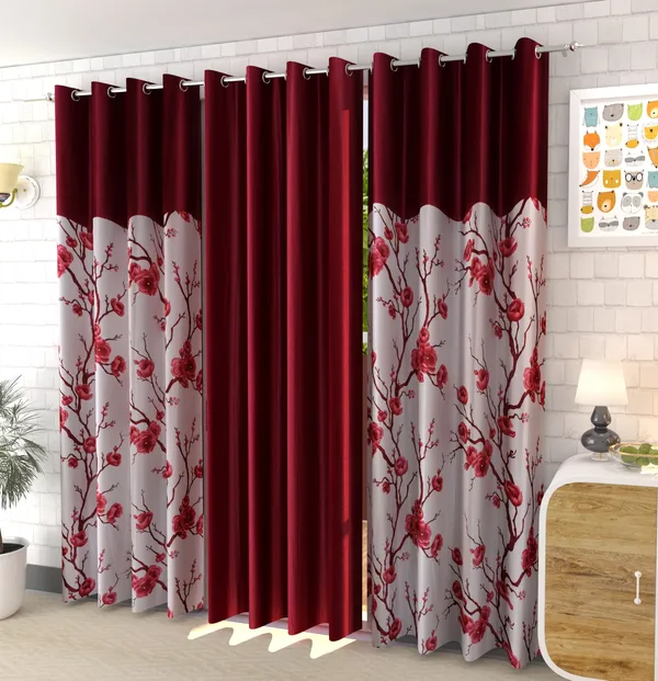 Galaxy_Home_Decor_Floral_Printed_Curtains,Pack_of_3,Maroon