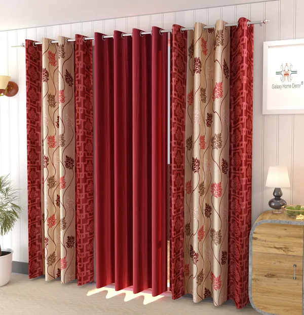 Galaxy_Home_Decor_Floral_Printed_Curtains,Pack_of_3,Maroon