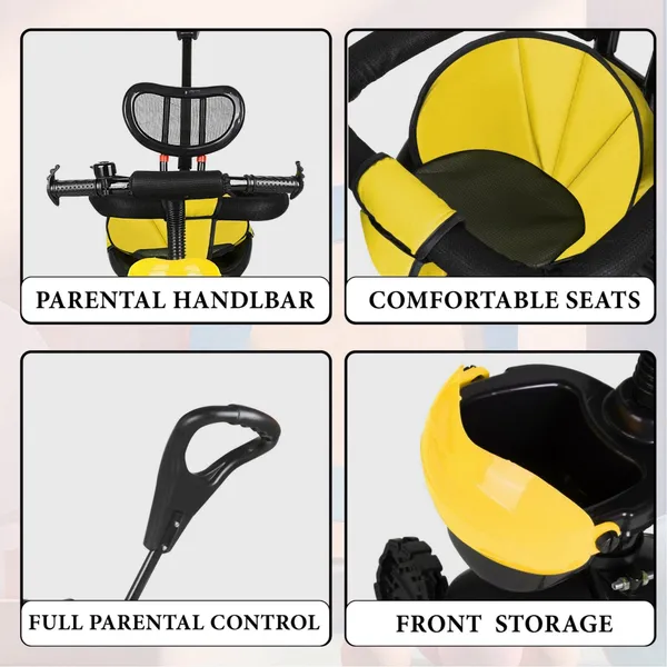 3-In-1_Kids_Tricycle_With_Parent_Push_Handle,_Black_And_Blue,_Adjustable_Seat,_Safety_Harness,_Storage_Basket_(Yellow)