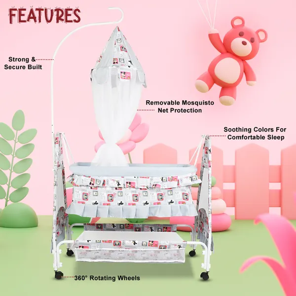 New_Born_Baby_Soft_Seat_Cradle_With_Swing_And_Mosquito_Net,_Four_Wheels_With_Brake_Lock_For_Swing_Cradle/Jhula/Palna/Bed/Baby_Safe_For_0-2_Years