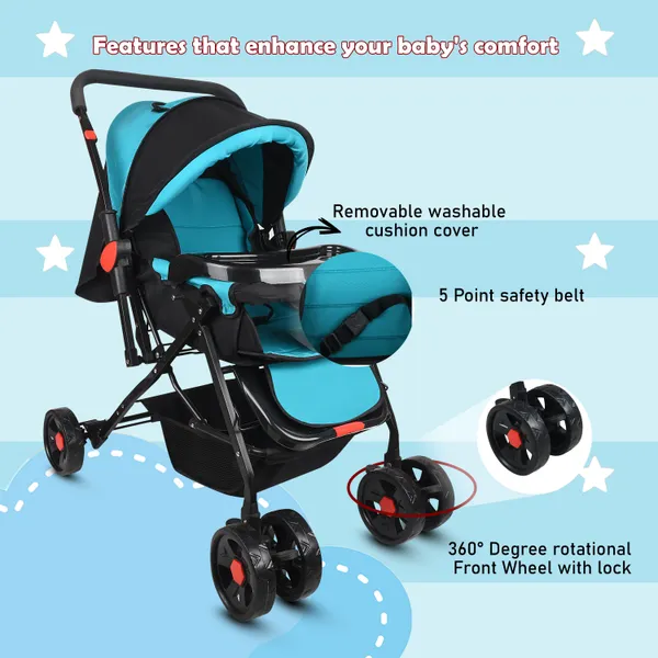 Premium_Baby_Stroller_With_Cup_Holder,_Black_And_Turquoise,_Foldable_Design,_Adjustable_Canopy,_Storage_Basket