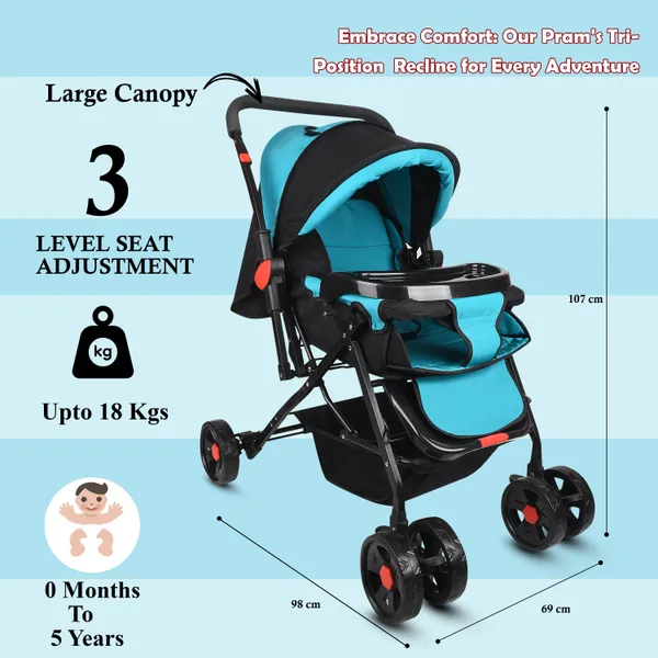 Premium_Baby_Stroller_With_Cup_Holder,_Black_And_Turquoise,_Foldable_Design,_Adjustable_Canopy,_Storage_Basket