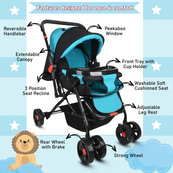 Premium_Baby_Stroller_With_Cup_Holder,_Black_And_Turquoise,_Foldable_Design,_Adjustable_Canopy,_Storage_Basket