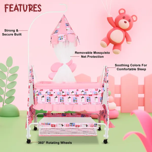 New_Born_Baby_Soft_Seat_Cradle_With_Swing_And_Mosquito_Net,_Four_Wheels_With_Brake_Lock_For_Swing_Cradle/Jhula/Palna/Bed/Baby_Safe_For_0-2_Years
