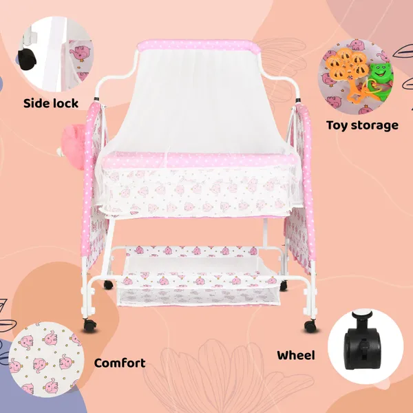Metal,_Fabric_Foldable_Baby_Cradle_With_Swing_|_Comfortable_Multi-Use_Baby_Cradle_For_Baby_Comfort_Sleep_|_Four_Wheels_With_Brake_|_With_Storage_Teddy_Style_|