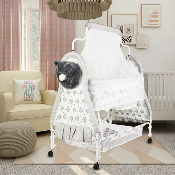 Metal,_Fabric_Foldable_Baby_Cradle_With_Swing_|_Comfortable_Multi-Use_Baby_Cradle_For_Baby_Comfort_Sleep_|_Four_Wheels_With_Brake_|_With_Storage_Teddy_Style_|