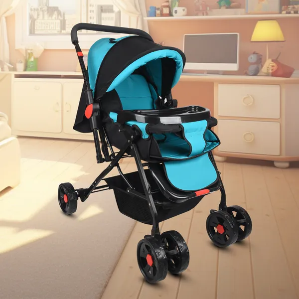 Premium_Baby_Stroller_With_Cup_Holder,_Black_And_Turquoise,_Foldable_Design,_Adjustable_Canopy,_Storage_Basket