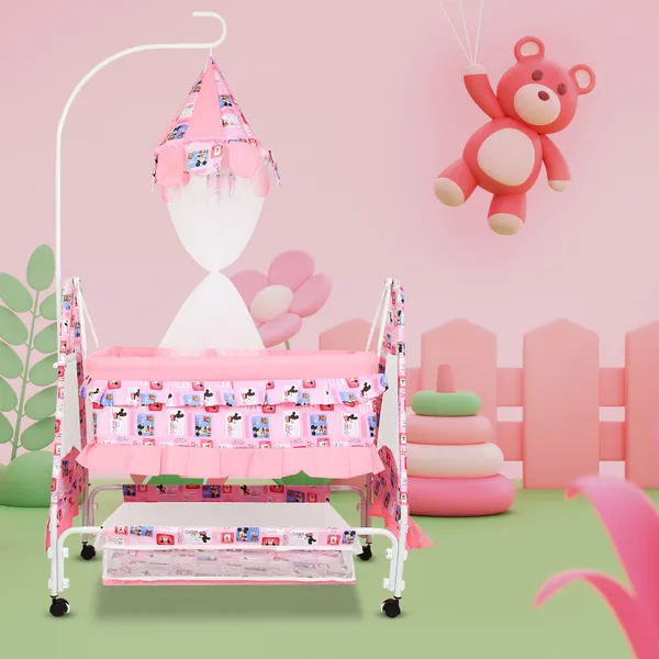 New_Born_Baby_Soft_Seat_Cradle_With_Swing_And_Mosquito_Net,_Four_Wheels_With_Brake_Lock_For_Swing_Cradle/Jhula/Palna/Bed/Baby_Safe_For_0-2_Years