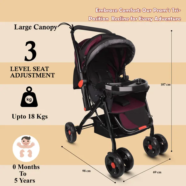 Baby_Stroller/Pram_For_0_To_3_Years,_New_Born/Kids,_5_Point_Safety_Harness,_Adjustable_Backrest,_360_Swivel_Wheel,_Large_Storage_Basket,_Reversible_Handle