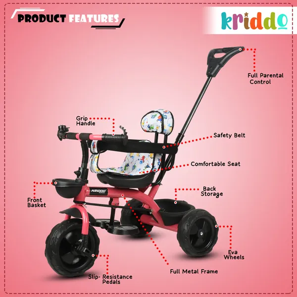 Kids_Harness_Parental_Control_Tricycle_With_Eva_Wheels,_Bell_And_Storage_Basket|Baby_Trike|Age_Group_1_Years_To_4_Years_Carrying_Capacity_Upto_25_Kgs,_(Pink)