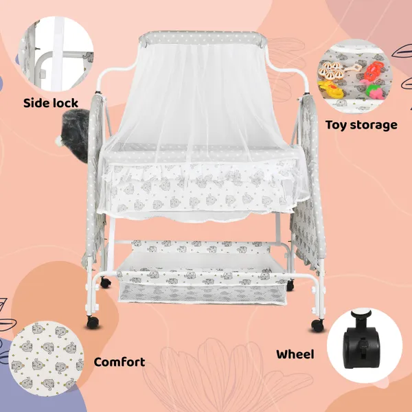 Metal,_Fabric_Foldable_Baby_Cradle_With_Swing_|_Comfortable_Multi-Use_Baby_Cradle_For_Baby_Comfort_Sleep_|_Four_Wheels_With_Brake_|_With_Storage_Teddy_Style_|