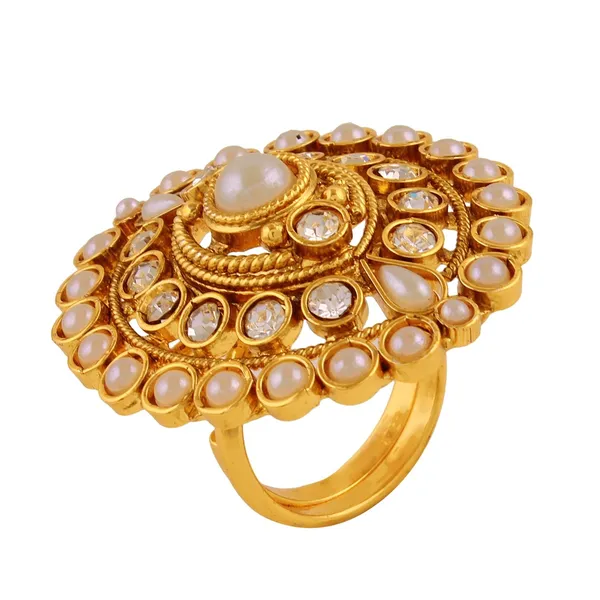 White_&_Gold_Rajwadi_Gold_Plated_Antique_Pearl_Ad_Finger_Ring_|_Gifting_For_Karwachauth