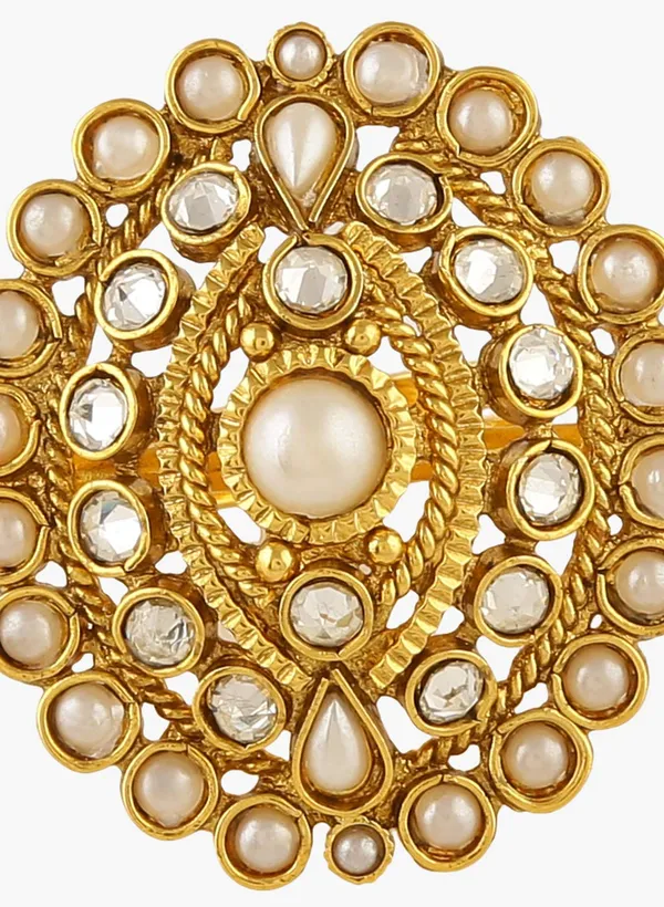 White_&_Gold_Rajwadi_Gold_Plated_Antique_Pearl_Ad_Finger_Ring_|_Gifting_For_Karwachauth