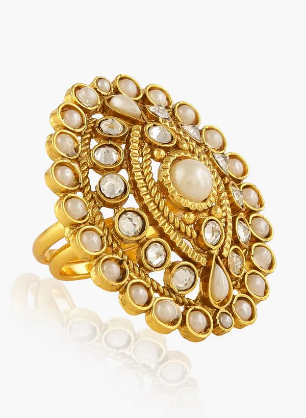 White_&_Gold_Rajwadi_Gold_Plated_Antique_Pearl_Ad_Finger_Ring_|_Gifting_For_Karwachauth