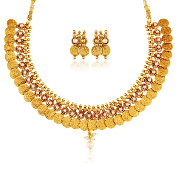 Gold_Traditional_White_Temple_Coin_Necklace_Set/Jewellery_Set_With_Earrings_For_Women
