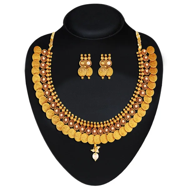 Gold_Traditional_White_Temple_Coin_Necklace_Set/Jewellery_Set_With_Earrings_For_Women