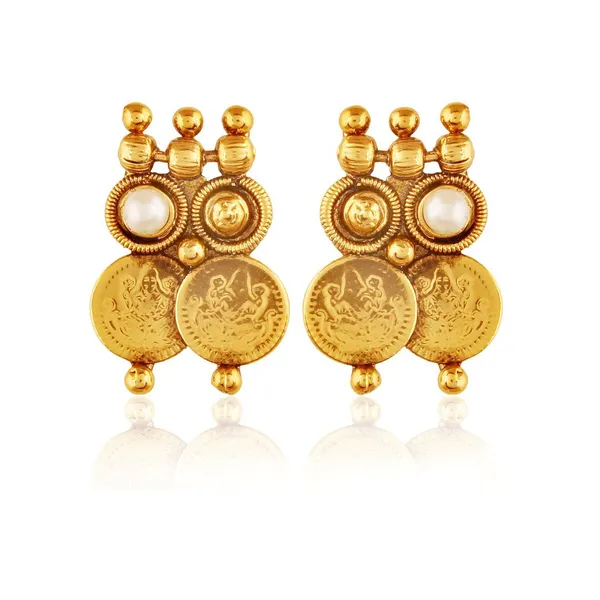 Gold_Traditional_White_Temple_Coin_Necklace_Set/Jewellery_Set_With_Earrings_For_Women