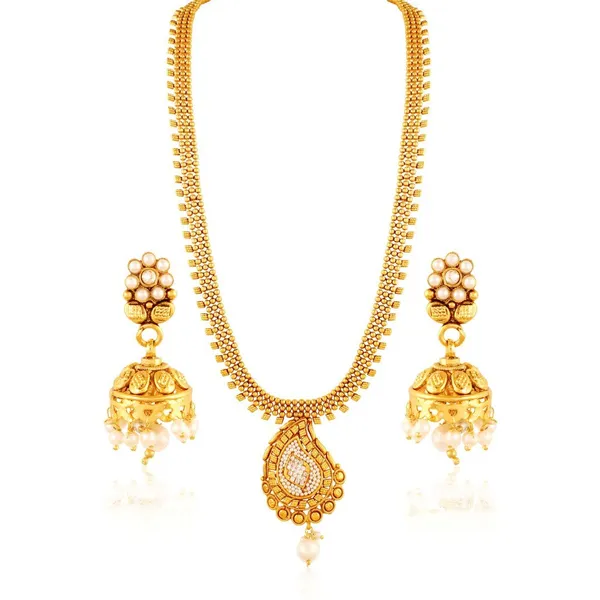 Gold_Antique_Paisley_Pendant_Pearl_Necklace_Set_For_Women
