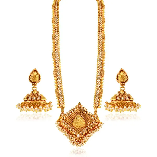 Gold_Copper_Laxmi_Pendant_Necklace_Set_Haram_With_Jhumki