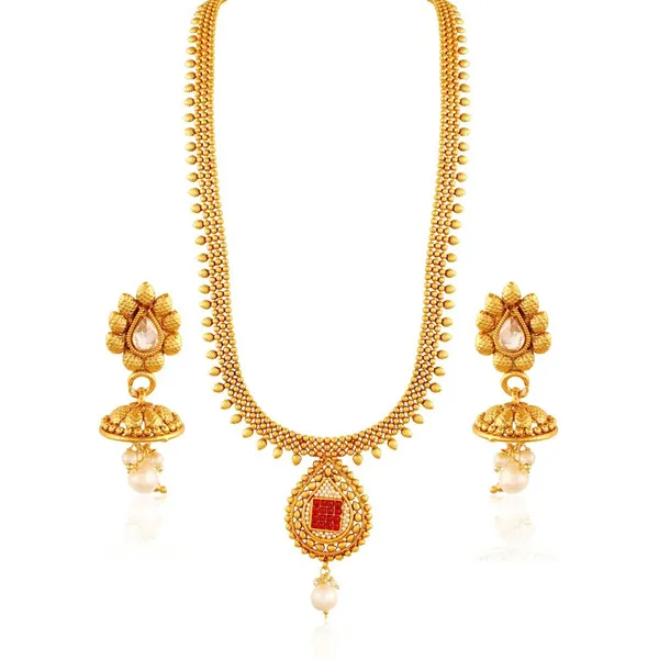Gold_Antique_Pearl_Red_Stones_Necklace_Set_For_Women