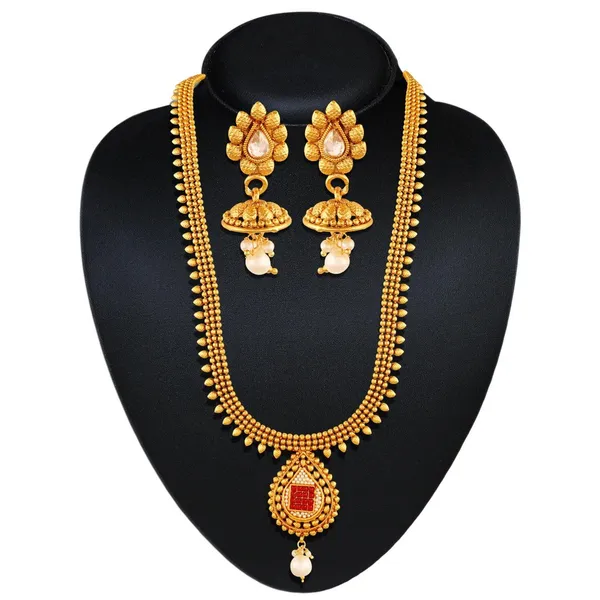 Gold_Antique_Pearl_Red_Stones_Necklace_Set_For_Women