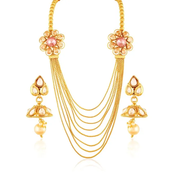 Golden_Multistranded_Pearl_Necklace_With_Jhumki_Earrings