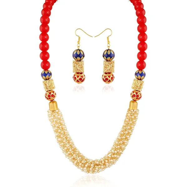Multicolor_Colorful_Red_Multi_Beads_And_Pearl_Necklace_With_Earrings