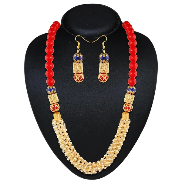 Multicolor_Colorful_Red_Multi_Beads_And_Pearl_Necklace_With_Earrings