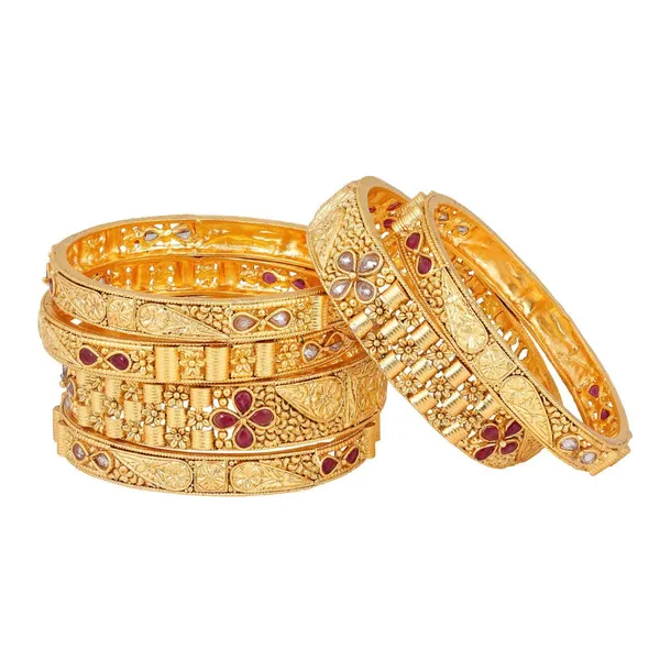 Gold_Matte_Gold_Plated_Ethnic_Inspired_Semi_Pecious_Stones_Embedded_Floral_Design_Rajwadi_Style_Statement/Bangles_Pack_Of_6_For_Women_And_Girls