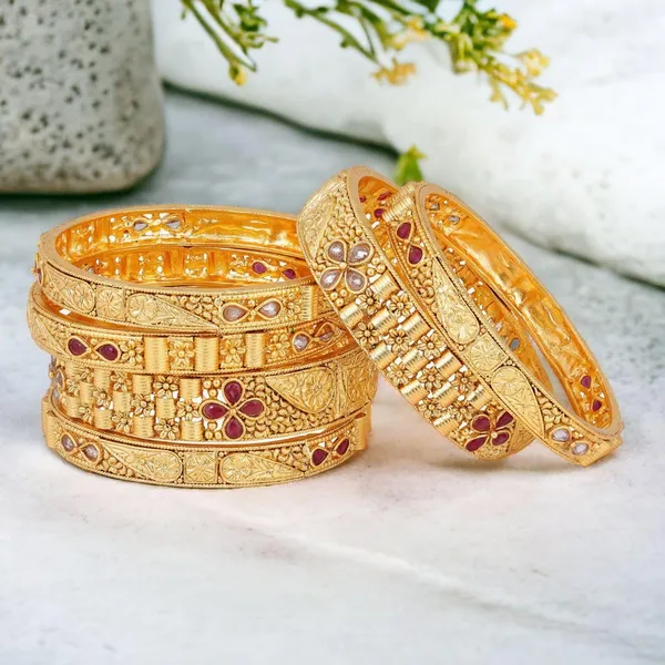 Gold_Matte_Gold_Plated_Ethnic_Inspired_Semi_Pecious_Stones_Embedded_Floral_Design_Rajwadi_Style_Statement/Bangles_Pack_Of_6_For_Women_And_Girls