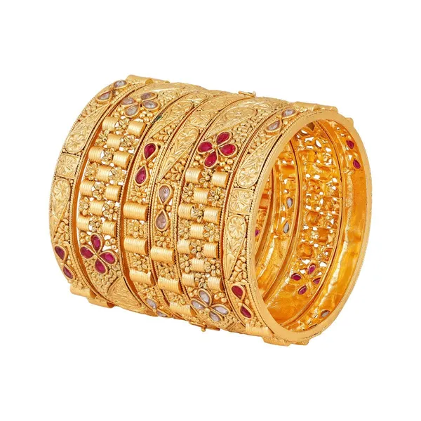 Gold_Matte_Gold_Plated_Ethnic_Inspired_Semi_Pecious_Stones_Embedded_Floral_Design_Rajwadi_Style_Statement/Bangles_Pack_Of_6_For_Women_And_Girls