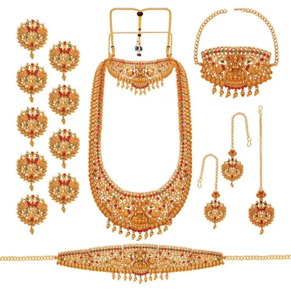 Gold_Set_Of_17_Gold_Plated_Ethnic_Lakshmi_Mata_Motif_Bridal_Temple_Jewellery_Set_With_Necklaces,_Earrings,_Kamarbandh,_Bajubandh,_Maang_Tika_And_Choti_For_Women