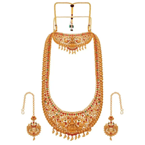 Gold_Set_Of_17_Gold_Plated_Ethnic_Lakshmi_Mata_Motif_Bridal_Temple_Jewellery_Set_With_Necklaces,_Earrings,_Kamarbandh,_Bajubandh,_Maang_Tika_And_Choti_For_Women