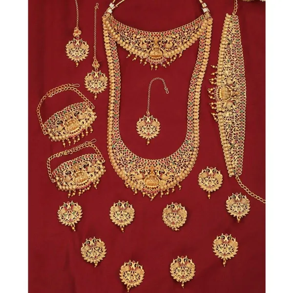 Gold_Set_Of_17_Gold_Plated_Ethnic_Lakshmi_Mata_Motif_Bridal_Temple_Jewellery_Set_With_Necklaces,_Earrings,_Kamarbandh,_Bajubandh,_Maang_Tika_And_Choti_For_Women