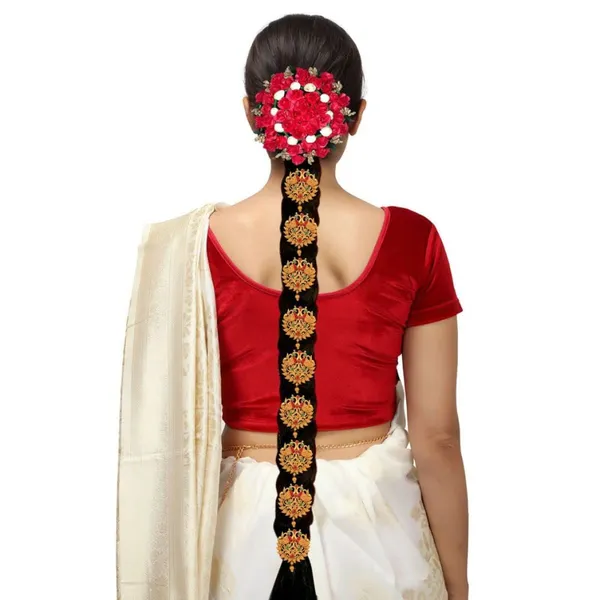 Gold_Set_Of_17_Gold_Plated_Ethnic_Lakshmi_Mata_Motif_Bridal_Temple_Jewellery_Set_With_Necklaces,_Earrings,_Kamarbandh,_Bajubandh,_Maang_Tika_And_Choti_For_Women