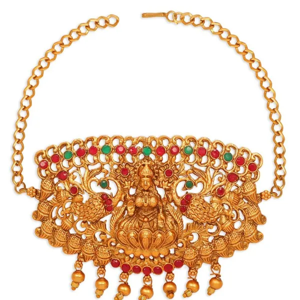 Gold_Set_Of_17_Gold_Plated_Ethnic_Lakshmi_Mata_Motif_Bridal_Temple_Jewellery_Set_With_Necklaces,_Earrings,_Kamarbandh,_Bajubandh,_Maang_Tika_And_Choti_For_Women