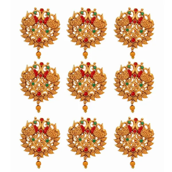 Gold_Set_Of_17_Gold_Plated_Ethnic_Lakshmi_Mata_Motif_Bridal_Temple_Jewellery_Set_With_Necklaces,_Earrings,_Kamarbandh,_Bajubandh,_Maang_Tika_And_Choti_For_Women