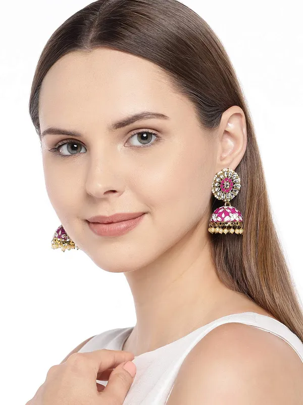 Pink_Gold_Plated_Traditional_And_Ethnic_Pink_Enamel_And_Kundan_Embellished_Floral_Design_Jhumki_Earrings_With_Pearl_Drops_For_Women_And_Girls_Pack_Of_1_Pair