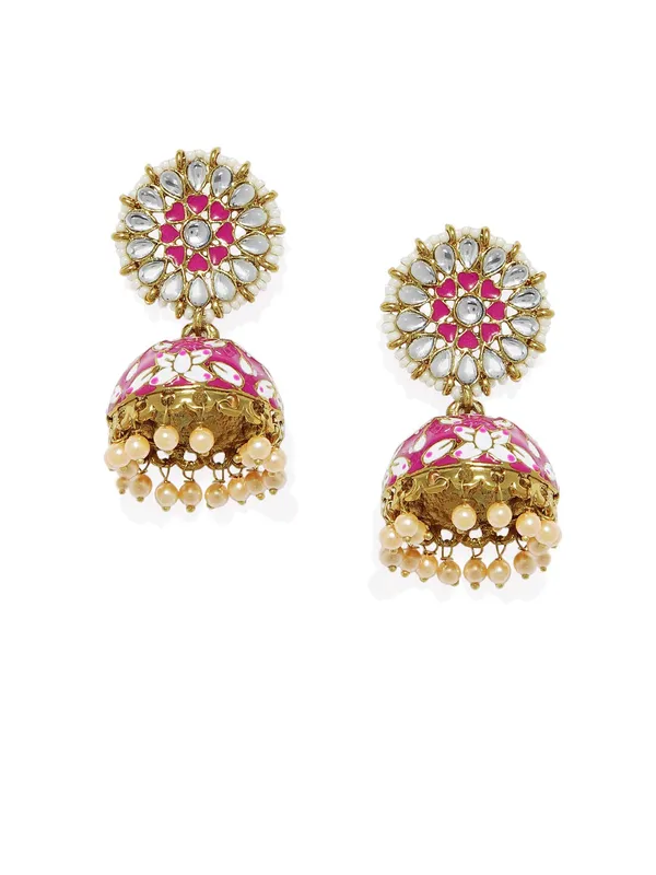 Pink_Gold_Plated_Traditional_And_Ethnic_Pink_Enamel_And_Kundan_Embellished_Floral_Design_Jhumki_Earrings_With_Pearl_Drops_For_Women_And_Girls_Pack_Of_1_Pair