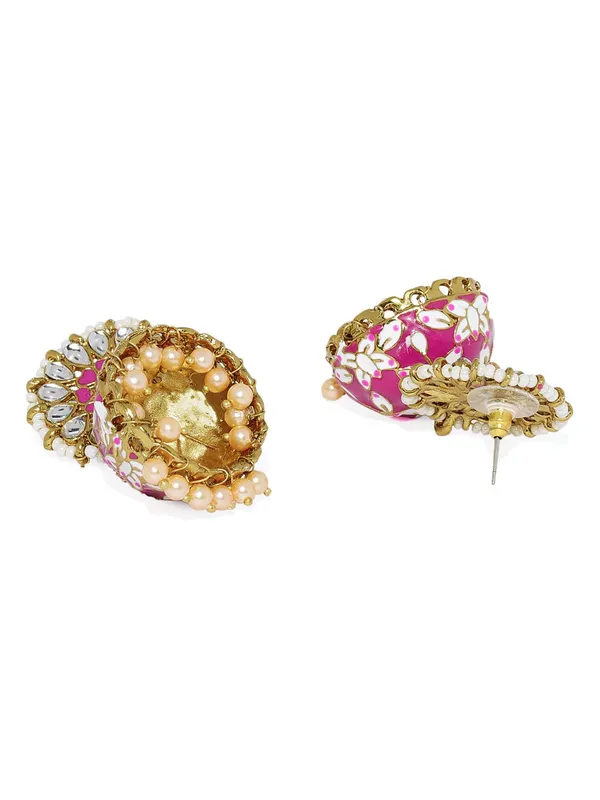 Pink_Gold_Plated_Traditional_And_Ethnic_Pink_Enamel_And_Kundan_Embellished_Floral_Design_Jhumki_Earrings_With_Pearl_Drops_For_Women_And_Girls_Pack_Of_1_Pair