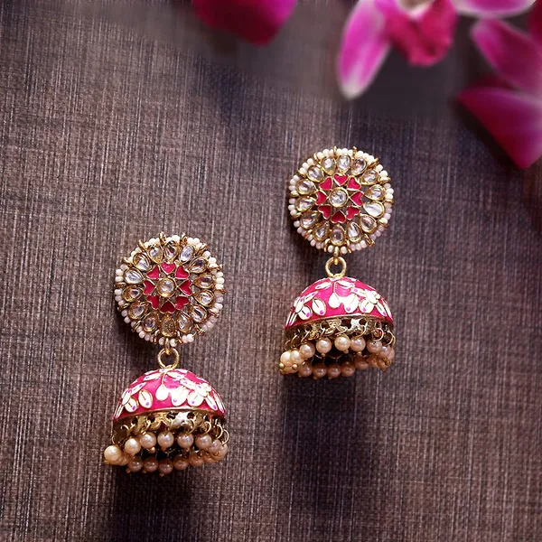 Pink_Gold_Plated_Traditional_And_Ethnic_Pink_Enamel_And_Kundan_Embellished_Floral_Design_Jhumki_Earrings_With_Pearl_Drops_For_Women_And_Girls_Pack_Of_1_Pair