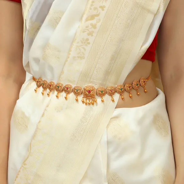 Multicolor_Gold_Plated_Stones_Studded_Waist_Belt_|Bridal_Kamarbandh_|Kamarpatta_Red_&_Green_|_Gifting_For_Karwachauth