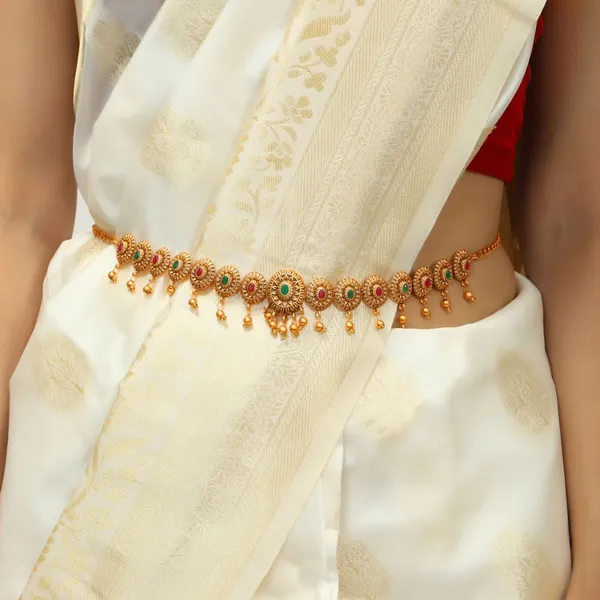 Multicolor_Gold_Plated_Red_&_Green_Stones_Studded_Waist_Belt_|Bridal_Kamarbandh_|Kamarpatta_For_Women_|_Gifting_For_Karwachauth