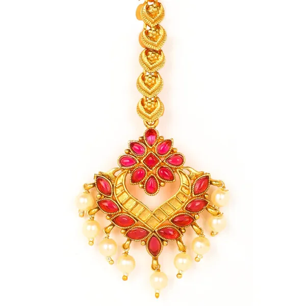 Gold_&_Red_Stunning_Matte_Gold_Plated_Traditional_And_Ethnic_Semi_Precious_Stones_Studded_Antique_Design_Inspired_Maang_Tikka/Maang_Tika_For_Women_And_Girls