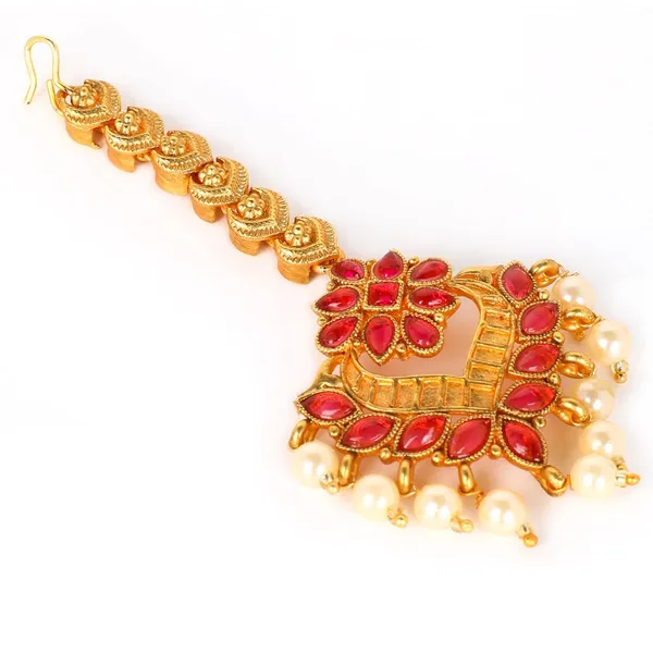 Gold_&_Red_Stunning_Matte_Gold_Plated_Traditional_And_Ethnic_Semi_Precious_Stones_Studded_Antique_Design_Inspired_Maang_Tikka/Maang_Tika_For_Women_And_Girls