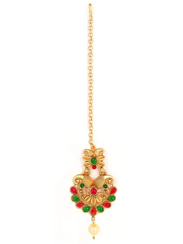 Multicolor_Stunning_Matte_Gold_Plated_Traditional_And_Ethnic_Semi_Precious_Stones_Embedded_Floral_Design_Maang_Tikka/Maang_Tika_For_Women_And_Girls_Pack_Of_1_|_Gifting_For_Karwachauth_|