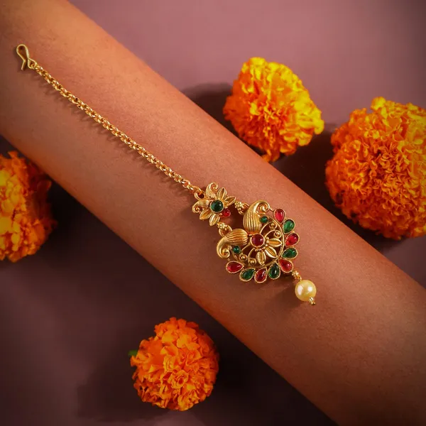 Multicolor_Stunning_Matte_Gold_Plated_Traditional_And_Ethnic_Semi_Precious_Stones_Embedded_Floral_Design_Maang_Tikka/Maang_Tika_For_Women_And_Girls_Pack_Of_1_|_Gifting_For_Karwachauth_|