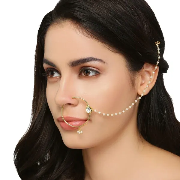 Gold_Women'S_Traditional_White_Kundan_And_Pearl_Nose_Ring_With_Chain_(White)